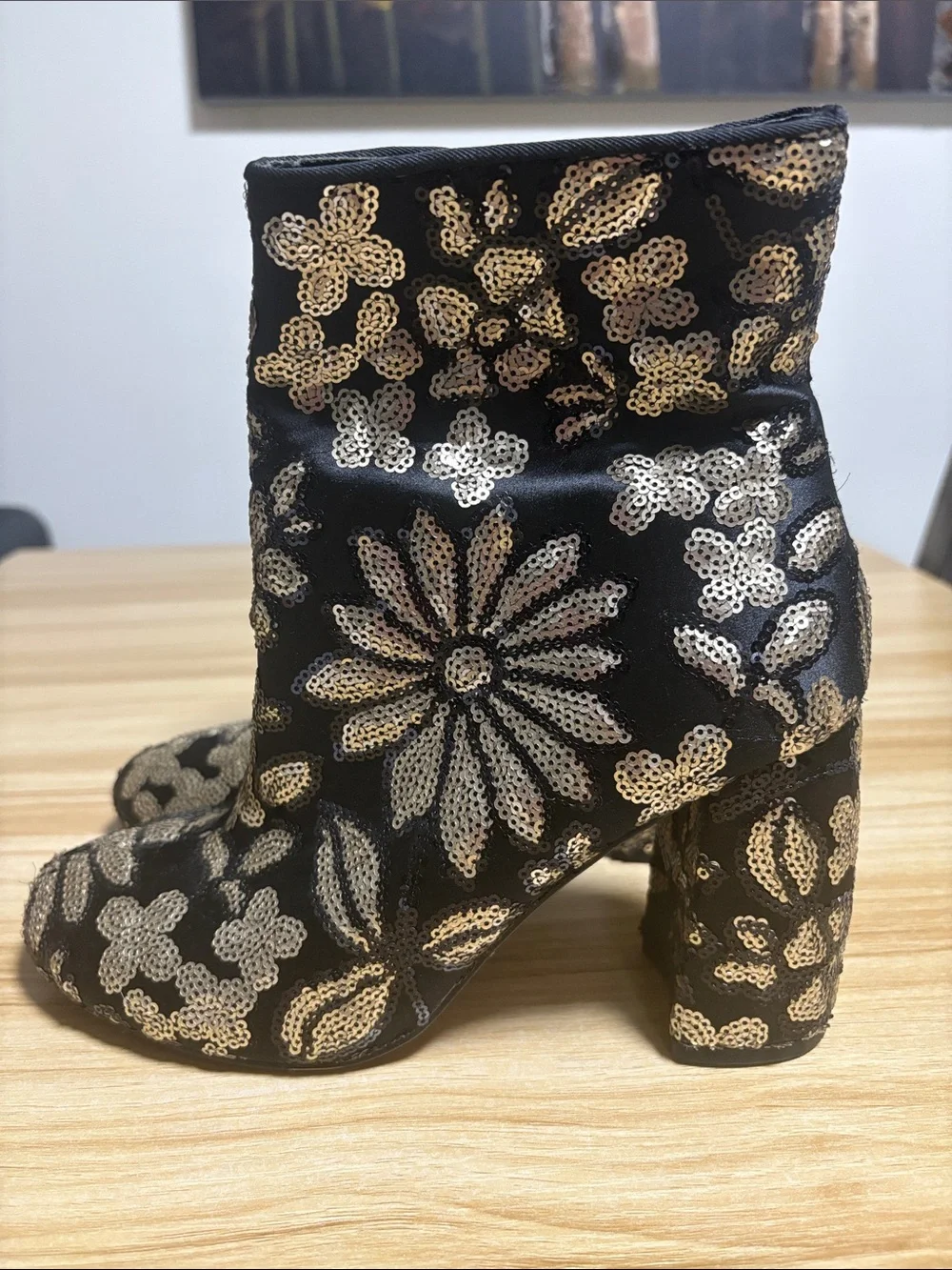 Nannette Black Ankle Boots with Gold Sequin Floral Embroidery